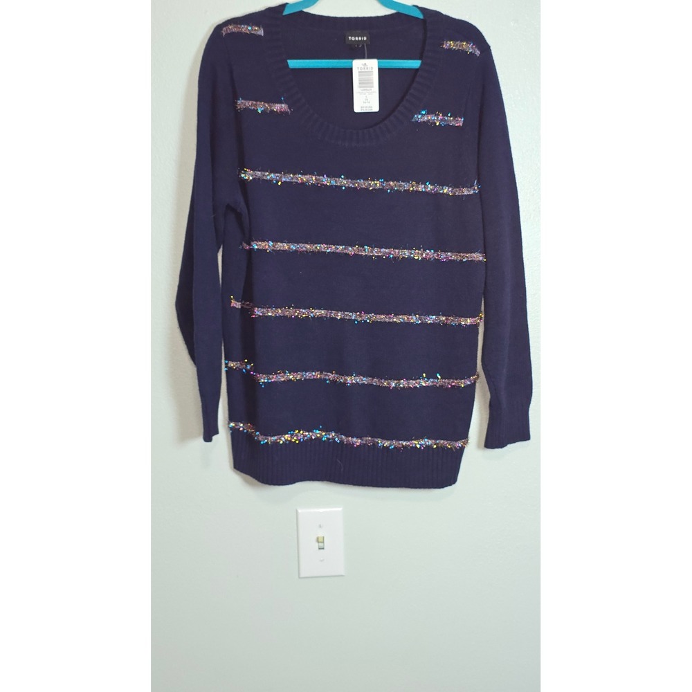 Torrid Womens 1X Navy Blue Metallic Stripe Long Sleeve Pullover Sweater NWT